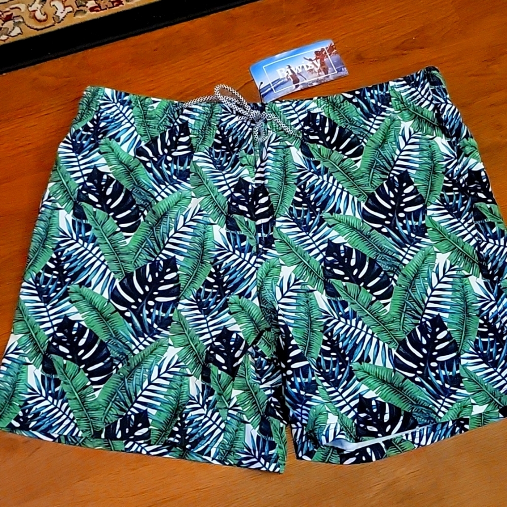 Biwisy mens green black white palms swim trunk quickdry short mesh liner XL NEW…